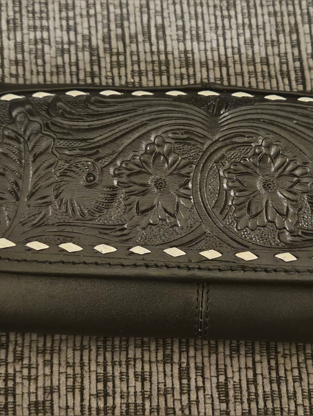 Black Genuine Leather Hand Tooled Wallet With White Stitching